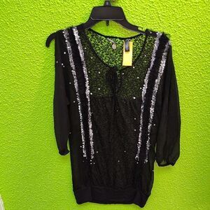 BKE Black Sequin Tie Front 3/4 Sleeve Blouse
